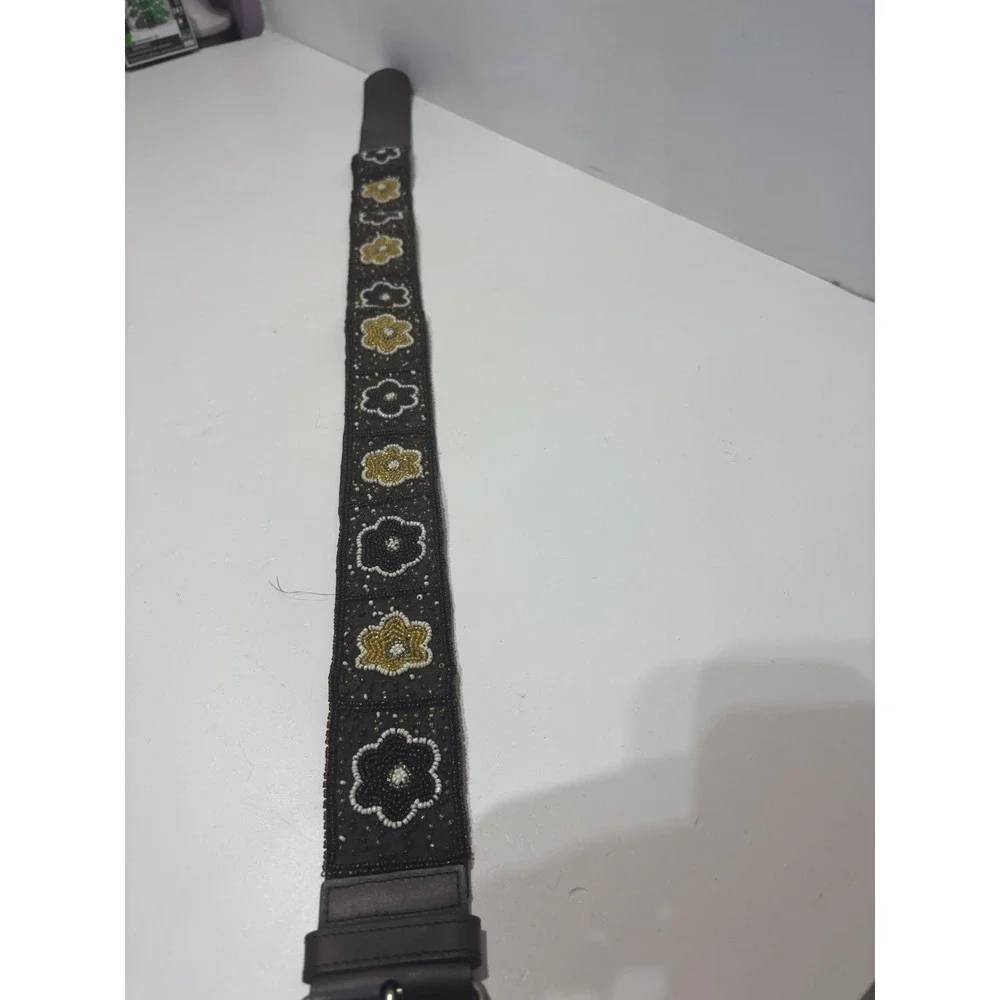 VTG India Beaded Floral Leather Belt Womens Medium Brown Gold Boho Wide Waist